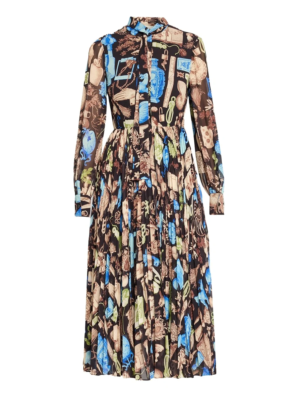 Jason Wu Collection Tie-Neck Pleated Chiffon Long-Sleeve Midi Dress