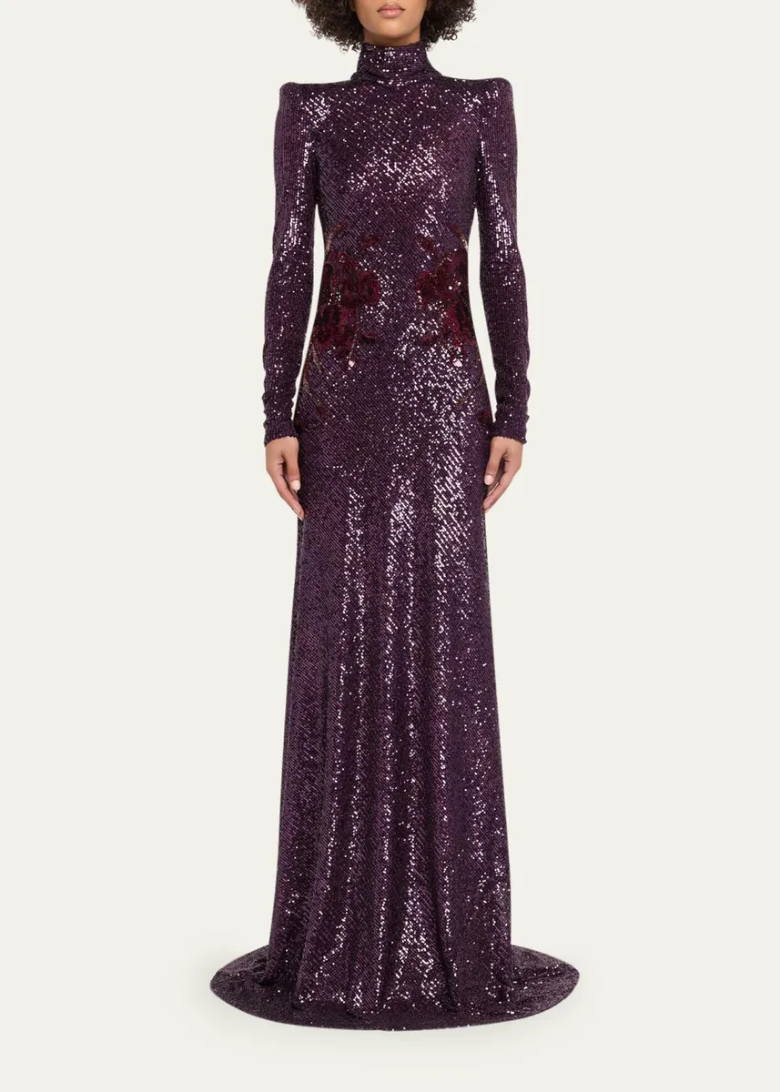 Naeem Khan High-Neck Long-Sleeve Floral Sequined Gown | Thumbnail 2 Naeem Khan High-Neck Long-Sleeve Floral Sequined Gown | Thumbnail 2