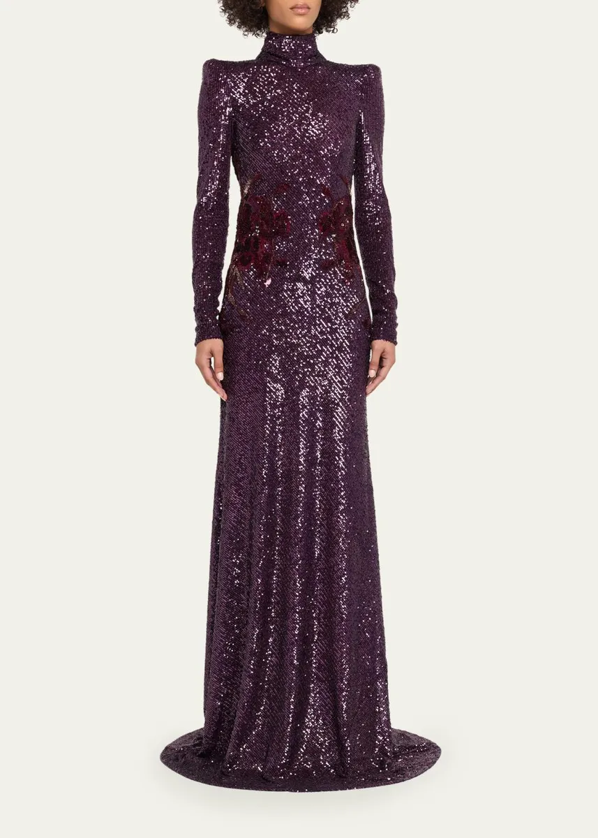 Naeem Khan High-Neck Long-Sleeve Floral Sequined Gown | Thumbnail 4 Naeem Khan High-Neck Long-Sleeve Floral Sequined Gown | Thumbnail 4