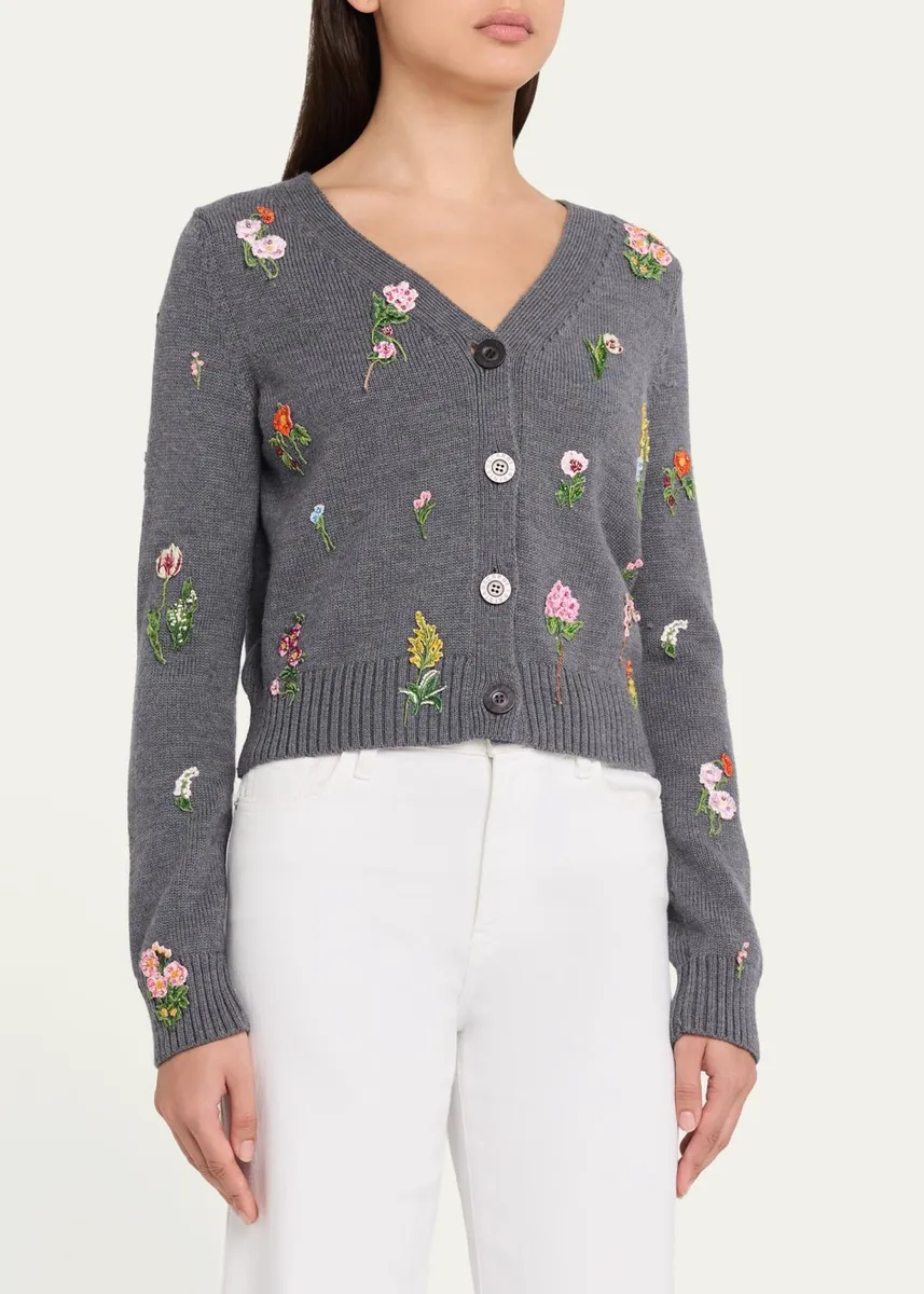 Oscar de la Renta Embroidered Wool Mini V-Neck Cardigan | Thumbnail 4