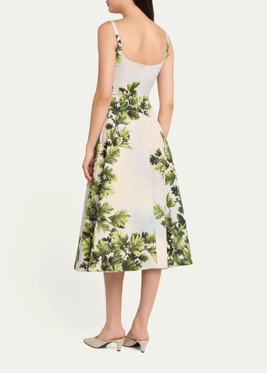 Oscar de la Renta Sleeveless Foliage-Print Faille Square-Neck Midi Dress | Thumbnail 3