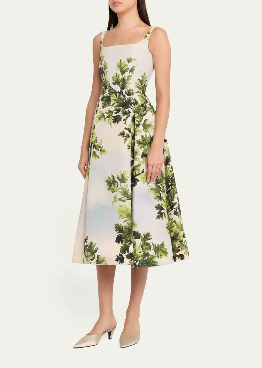 Oscar de la Renta Sleeveless Foliage-Print Faille Square-Neck Midi Dress | Thumbnail 4
