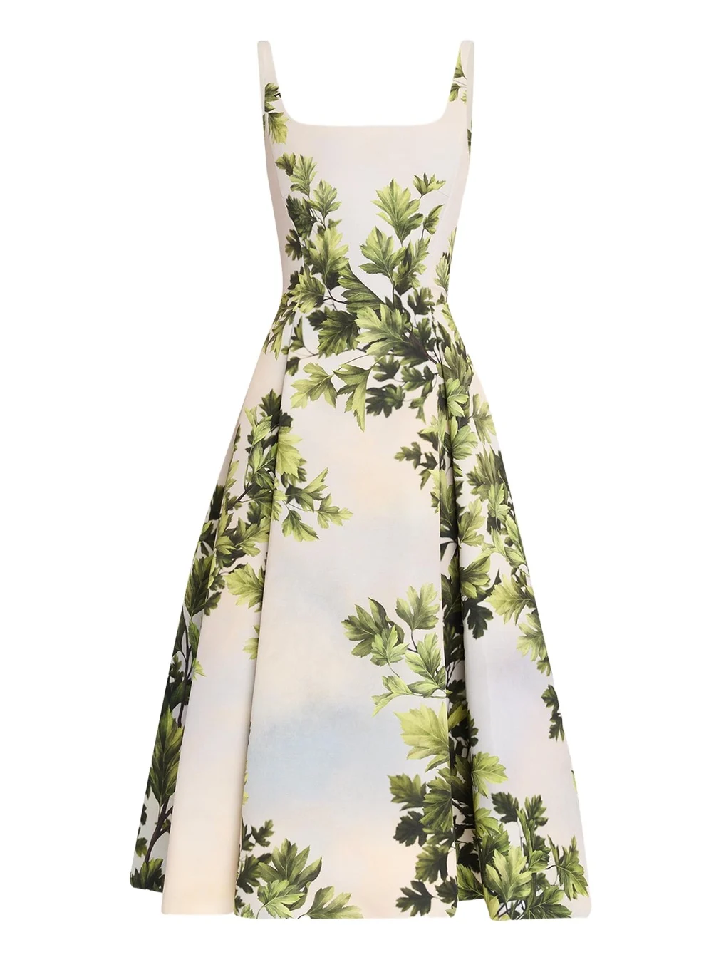 Sleeveless Foliage-Print Faille Square-Neck Midi Dress