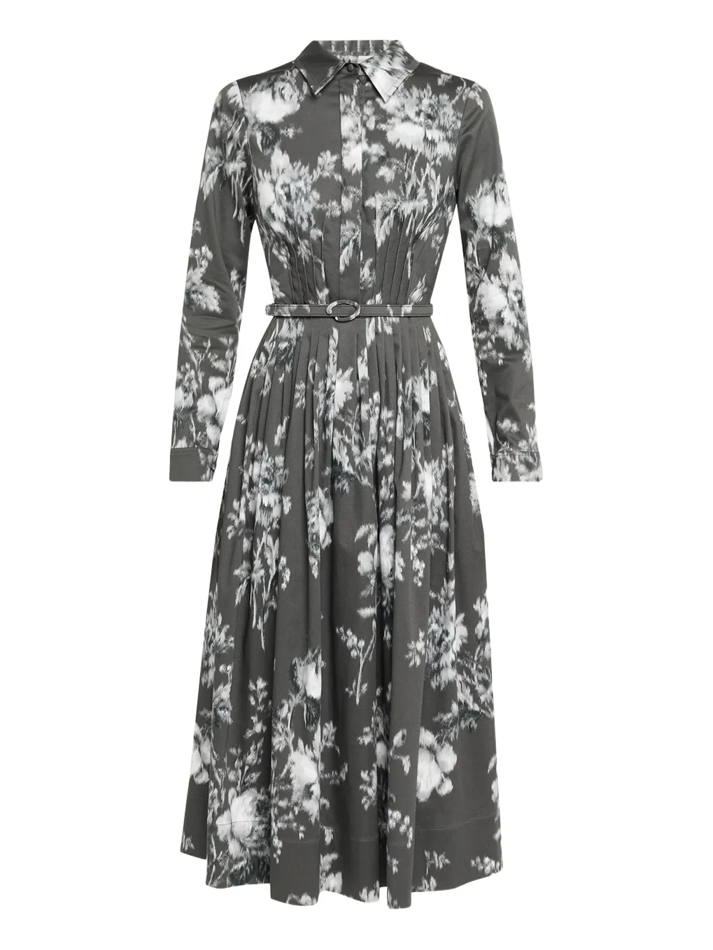 Chine Peony Print Cotton Belted Midi Shirtdress