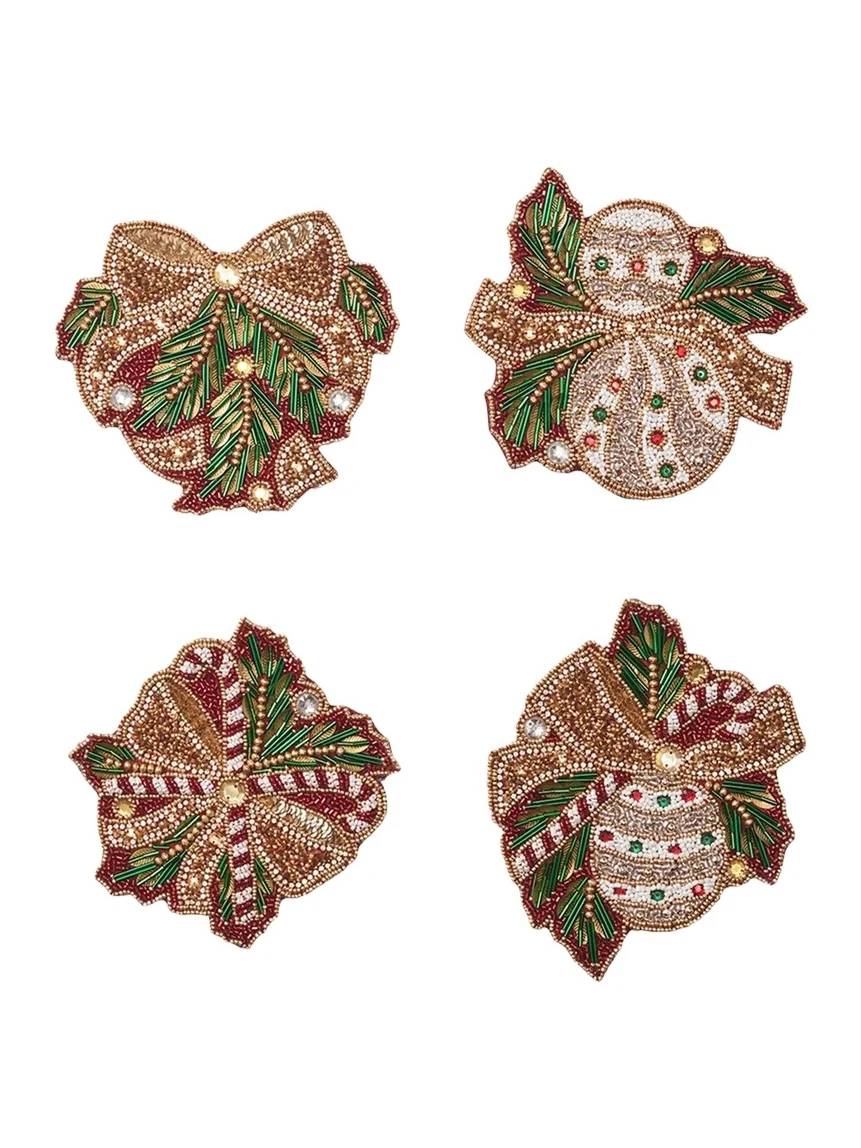 Kim Seybert Candy Cane Bow Beaded Coasters, Set of 4