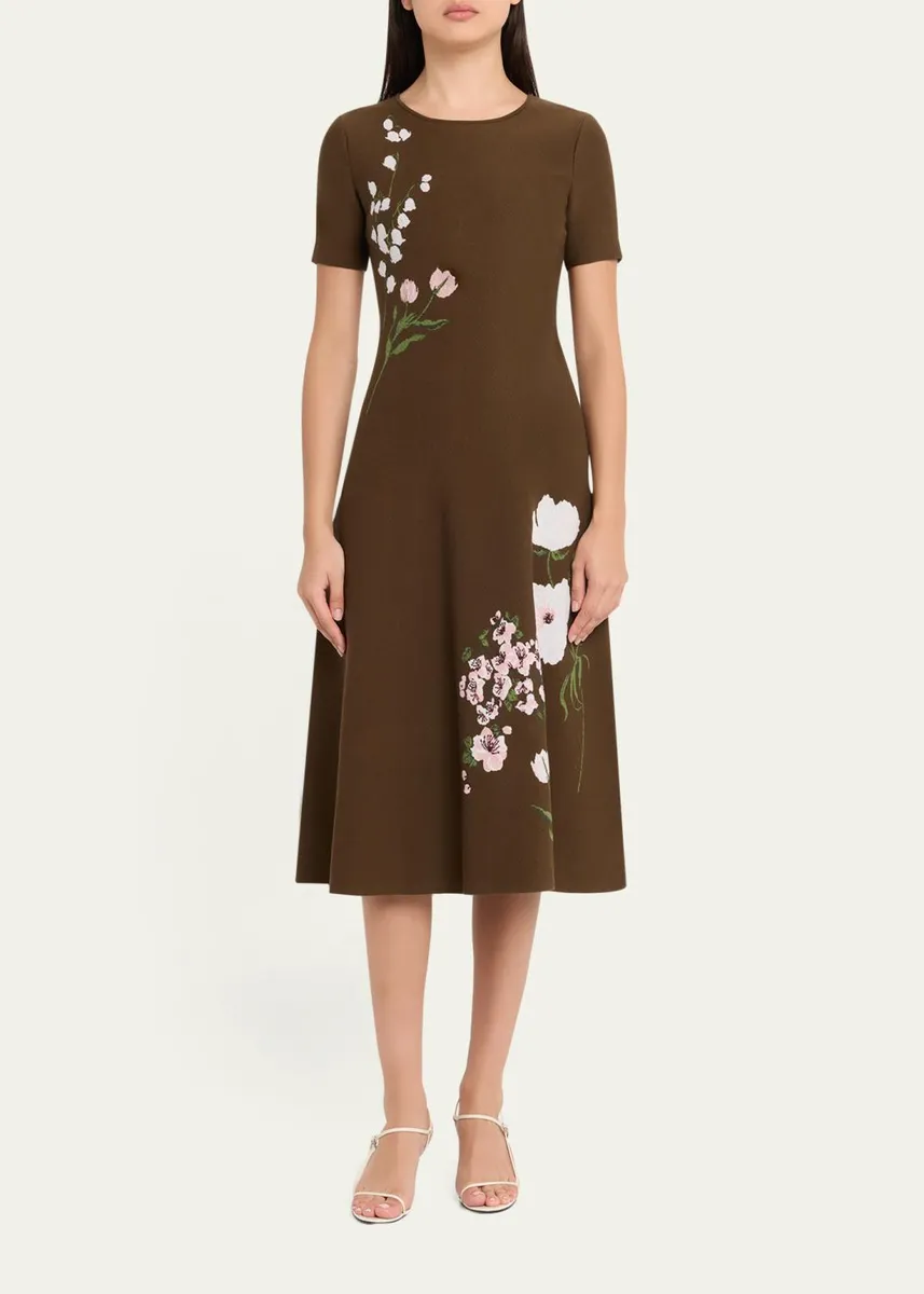 Oscar de la Renta Short-Sleeve Multi Floral Knit Midi Dress | Thumbnail 2 Oscar de la Renta Short-Sleeve Multi Floral Knit Midi Dress | Thumbnail 2