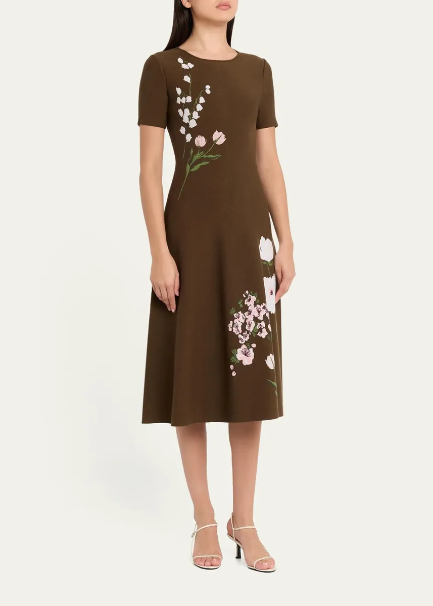 Oscar de la Renta Short-Sleeve Multi Floral Knit Midi Dress | Thumbnail 4 Oscar de la Renta Short-Sleeve Multi Floral Knit Midi Dress | Thumbnail 4
