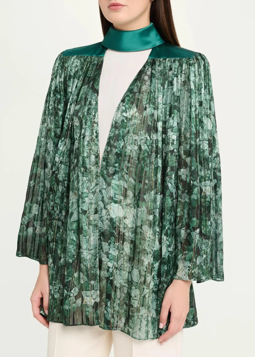 Valentino Garavani Metallic Silk Chiffon Plisse Long-Sleeve Blouse | Thumbnail 4 Valentino Garavani Metallic Silk Chiffon Plisse Long-Sleeve Blouse | Thumbnail 4