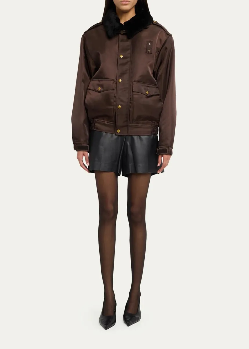 Willy Chavarria Faux-Fur Collar Shiny Nylon Uniform Bomber Jacket | Thumbnail 2 Willy Chavarria Faux-Fur Collar Shiny Nylon Uniform Bomber Jacket | Thumbnail 2