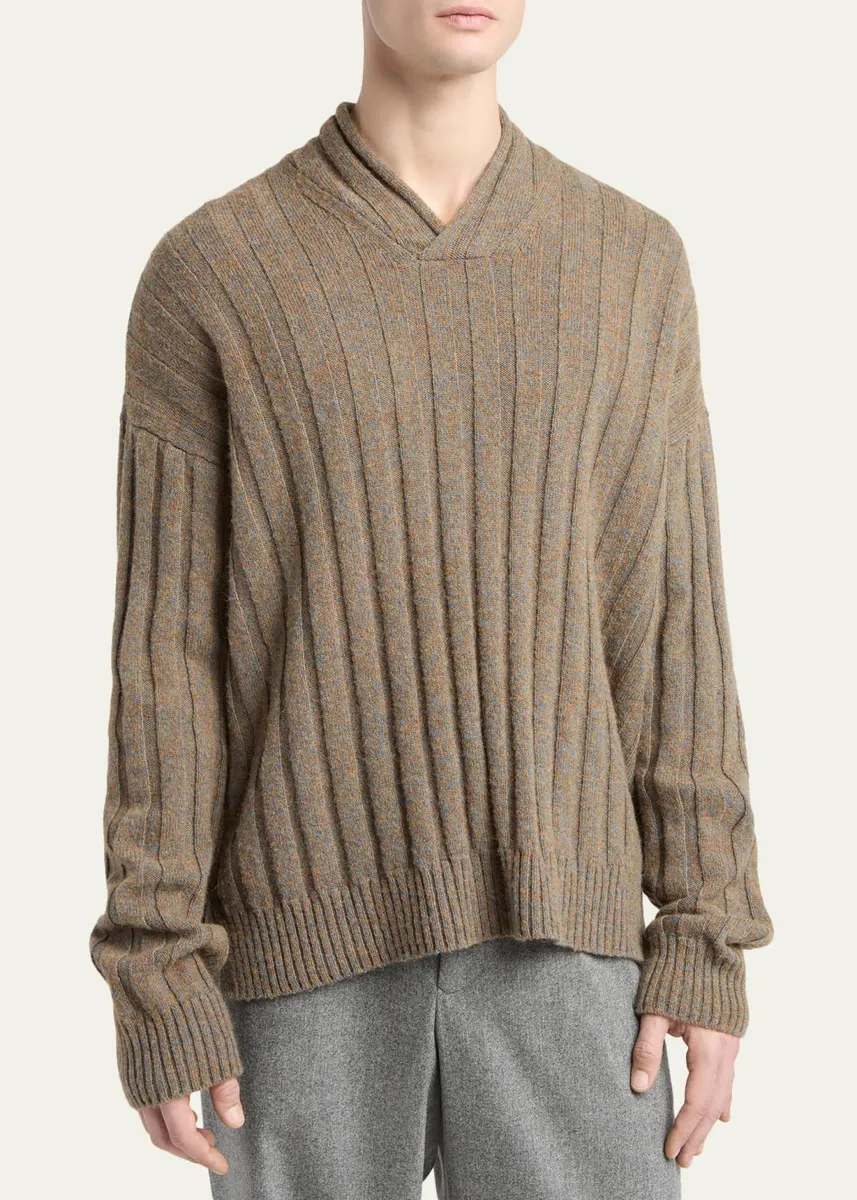 Giorgio Armani Men's Ribbed-Knit Wool Shawl-Collar Sweater | Thumbnail 4 Giorgio Armani Men's Ribbed-Knit Wool Shawl-Collar Sweater | Thumbnail 4