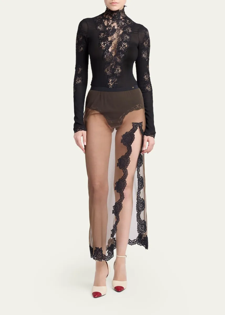 Valentino Garavani Lace-Trim Sheer Jersey Slit Maxi Skirt | Thumbnail 2 Valentino Garavani Lace-Trim Sheer Jersey Slit Maxi Skirt | Thumbnail 2