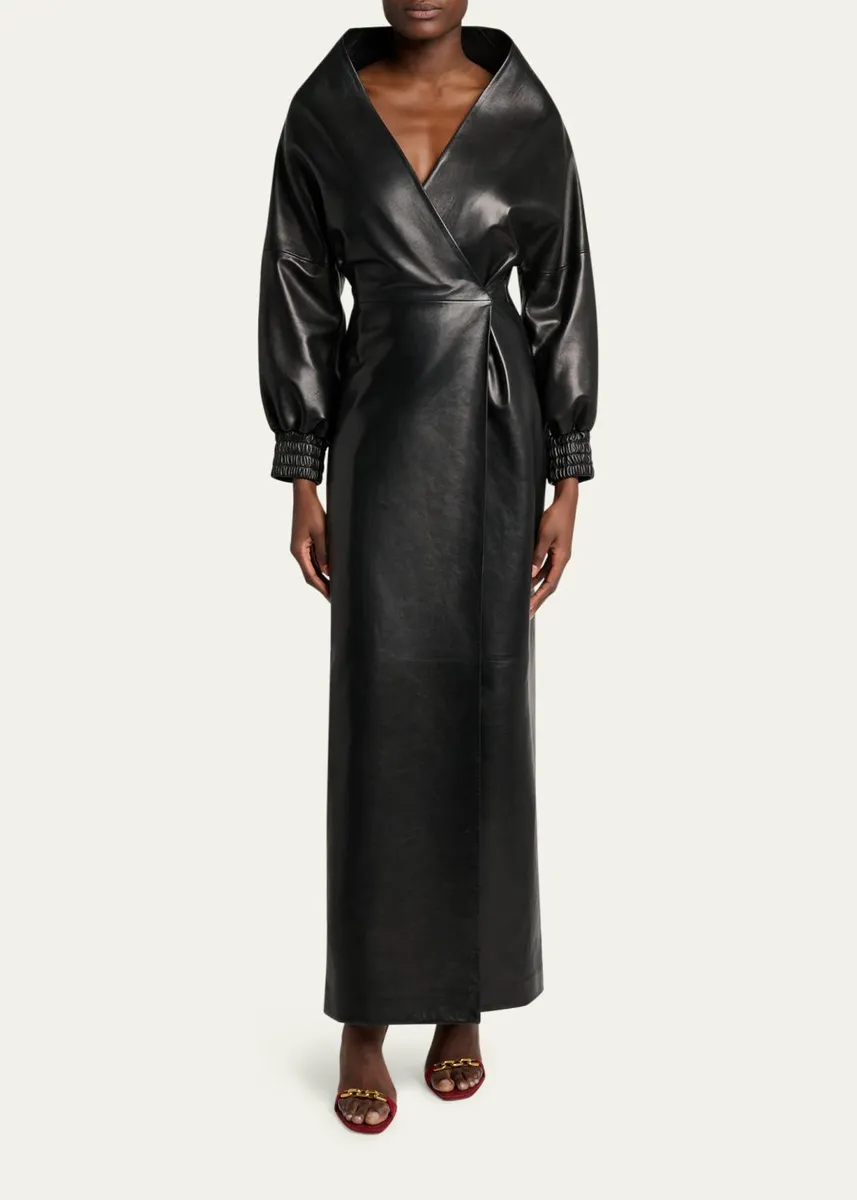 Balenciaga Sculpted Leather Long-Sleeve Maxi Wrap Dress | Thumbnail 2 Balenciaga Sculpted Leather Long-Sleeve Maxi Wrap Dress | Thumbnail 2