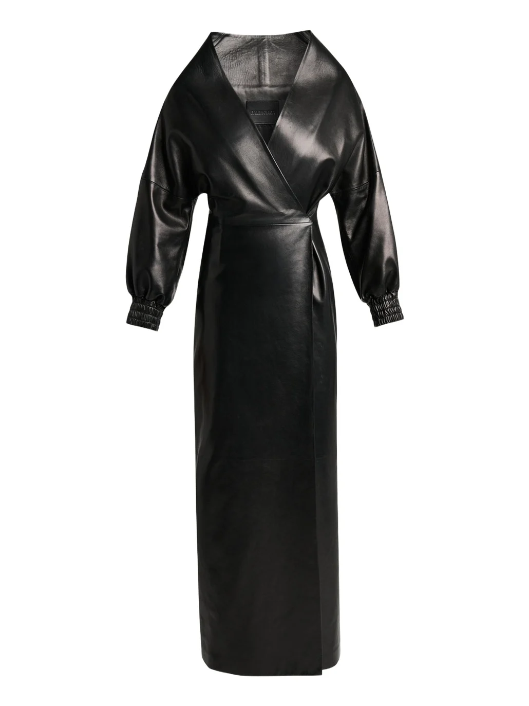Sculpted Leather Long-Sleeve Maxi Wrap Dress