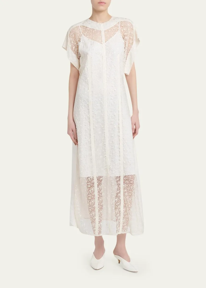 Bottega Veneta Sheer Floral Lace Short-Sleeve Midi Dress | Thumbnail 2