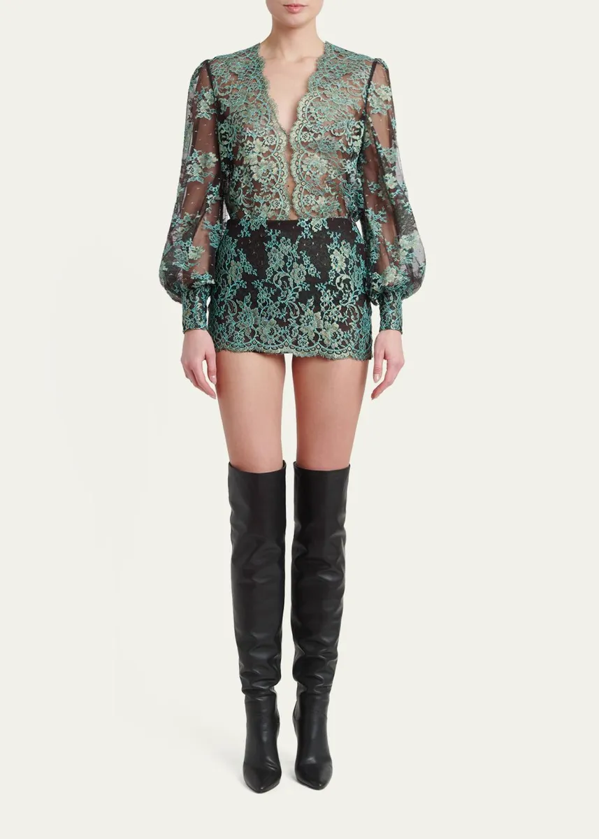 Valentino Garavani Blouson-Sleeve Scalloped Sheer Lace Top | Thumbnail 2