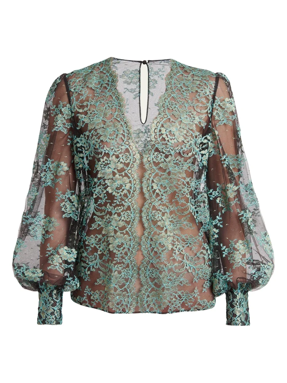Blouson-Sleeve Scalloped Sheer Lace Top