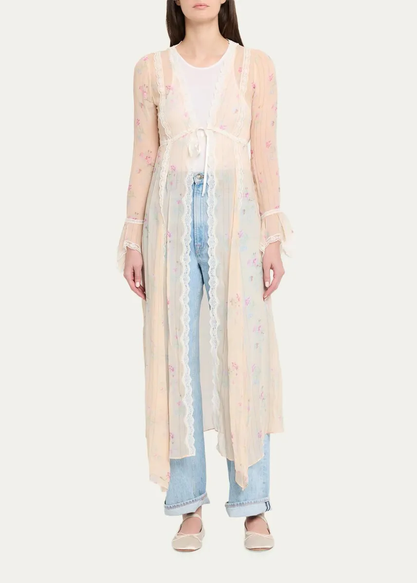 LoveShackFancy Mariven Lace-Trim Floral Silk Duster Cardigan | Thumbnail 2 LoveShackFancy Mariven Lace-Trim Floral Silk Duster Cardigan | Thumbnail 2