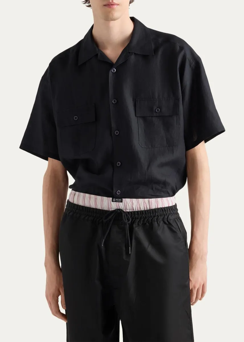 Prada Men's Cotton and Linen Short-Sleeve Shirt | Thumbnail 4 Prada Men's Cotton and Linen Short-Sleeve Shirt | Thumbnail 4
