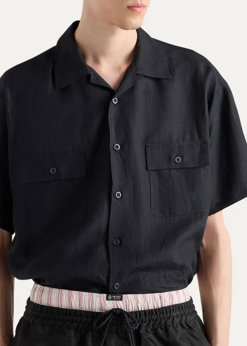 Prada Men's Cotton and Linen Short-Sleeve Shirt | Thumbnail 5 Prada Men's Cotton and Linen Short-Sleeve Shirt | Thumbnail 5