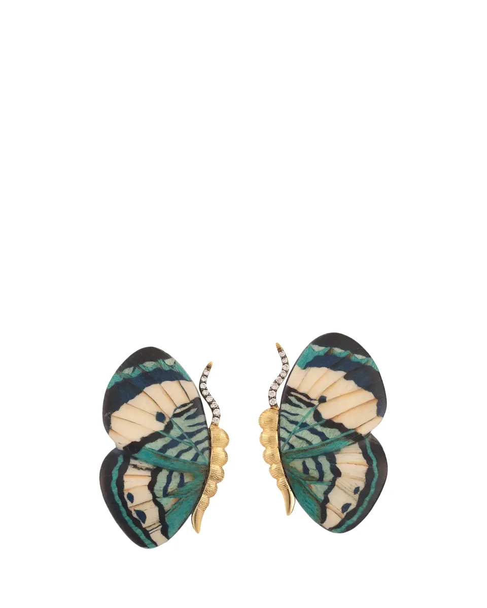 Silvia Furmanovich 18K Yellow Gold Extra-Small Butterfly Wing Blue Marquetry Earrings with Diamonds | Thumbnail 2