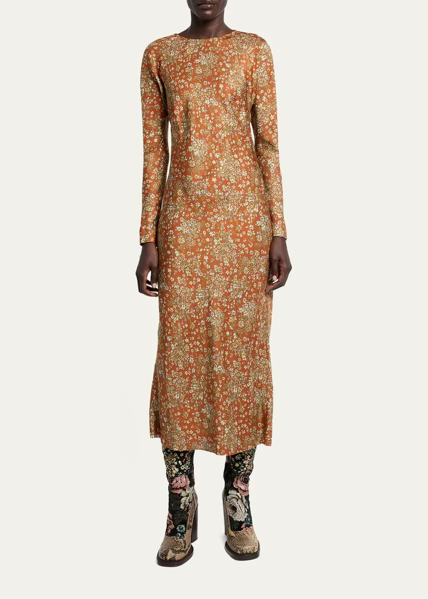 Dries Van Noten Floral Satin Long-Sleeve Midi Dress | Thumbnail 2 Dries Van Noten Floral Satin Long-Sleeve Midi Dress | Thumbnail 2