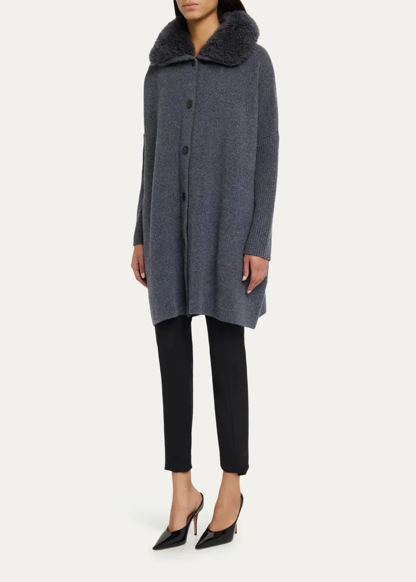 Yves Salomon Goat Shearling Collar Oversized Wool Knit Coat | Thumbnail 2 Yves Salomon Goat Shearling Collar Oversized Wool Knit Coat | Thumbnail 2