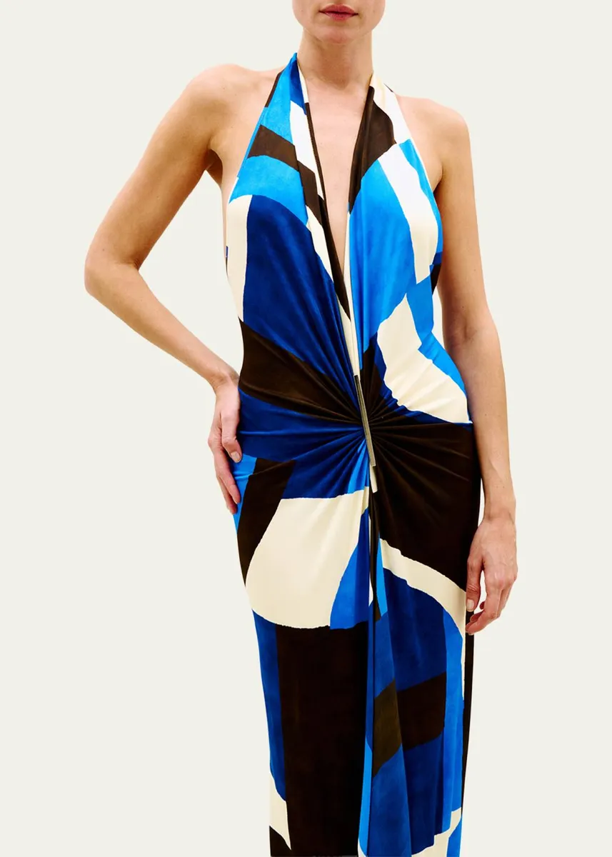 Silvia Tcherassi Malek Geo-Print Ruched Velvet Halter Maxi Dress | Thumbnail 4 Silvia Tcherassi Malek Geo-Print Ruched Velvet Halter Maxi Dress | Thumbnail 4
