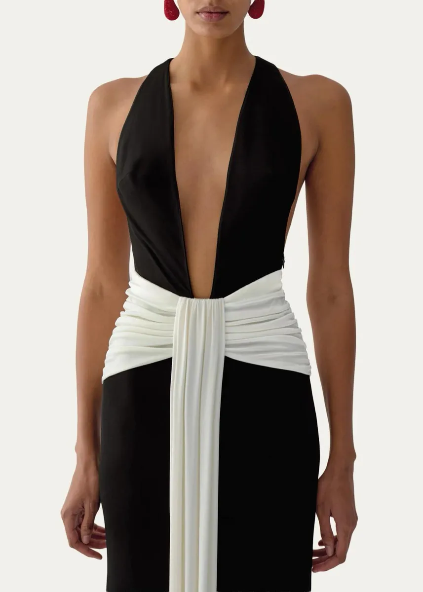 The New Arrivals by Ilkyaz Ozel Siwa Plunging Draped Maxi Dress | Thumbnail 2