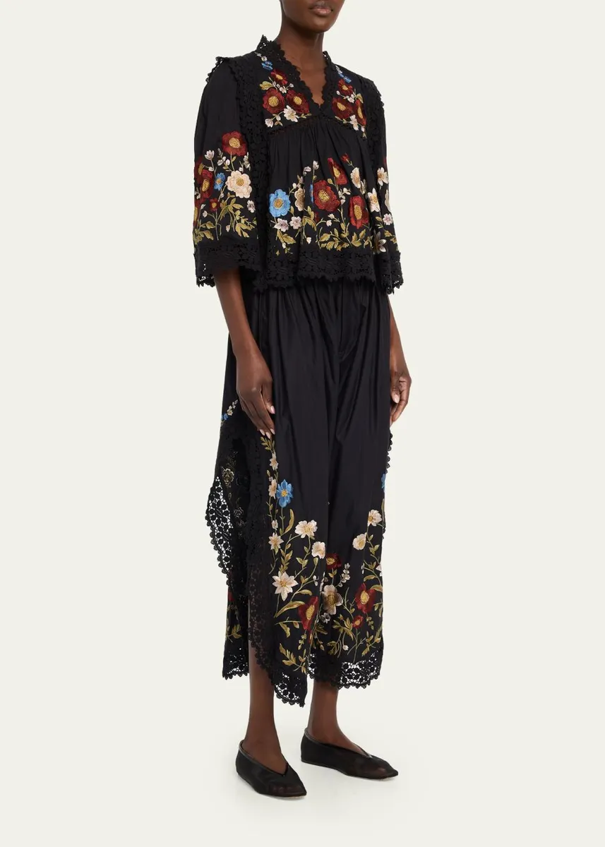Sea Floral Embroidered Cotton & Lace Wide-Leg Culotte Pants | Thumbnail 2 Sea Floral Embroidered Cotton & Lace Wide-Leg Culotte Pants | Thumbnail 2