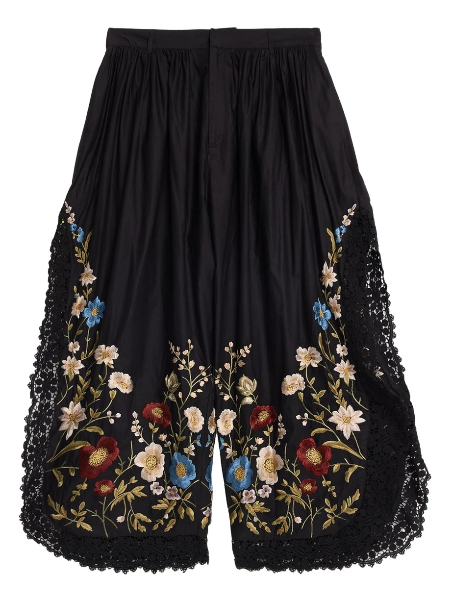 Sea Floral Embroidered Cotton & Lace Wide-Leg Culotte Pants