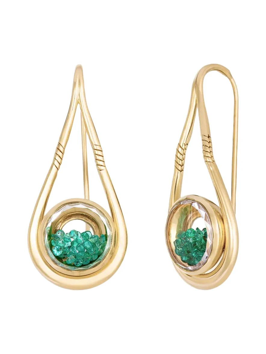 18K Yellow Gold Kaleidoscope Shaker Garoa Drop Earrings with Emeralds