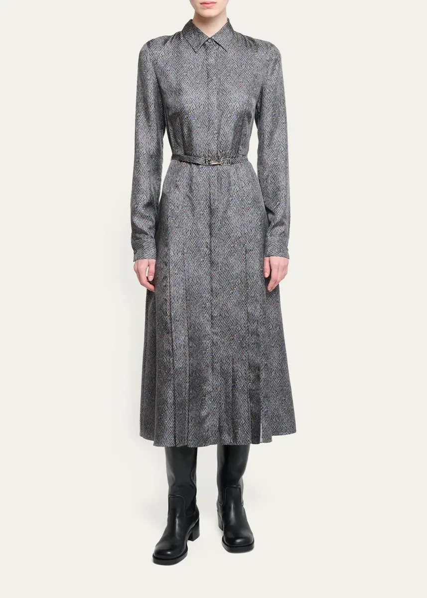 Gabriela Hearst Jane Herringbone Print Silk Belted Midi Shirtdress | Thumbnail 2