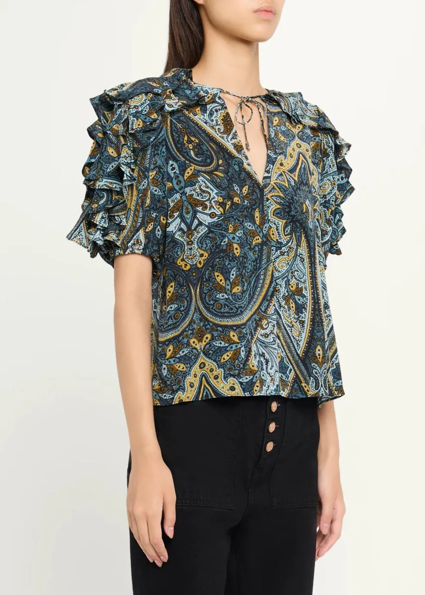 Ulla Johnson Josephine Paisley Flutter-Sleeve Blouse | Thumbnail 4