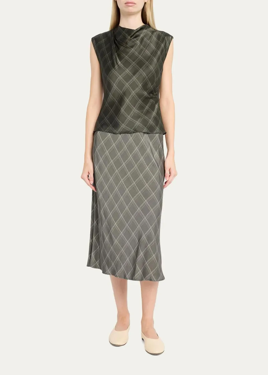 Vince Diamond Plaid Silk Cowl-Neck Top | Thumbnail 2 Vince Diamond Plaid Silk Cowl-Neck Top | Thumbnail 2