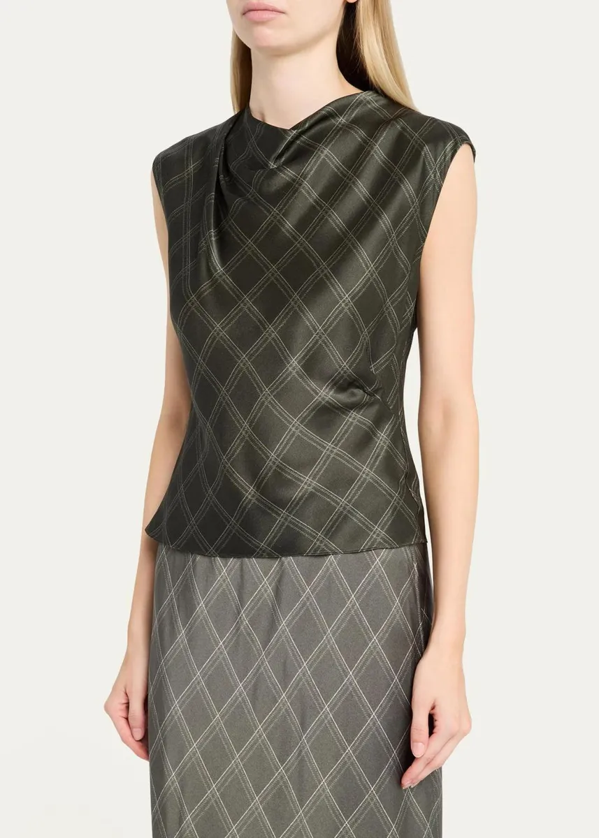 Vince Diamond Plaid Silk Cowl-Neck Top | Thumbnail 4 Vince Diamond Plaid Silk Cowl-Neck Top | Thumbnail 4