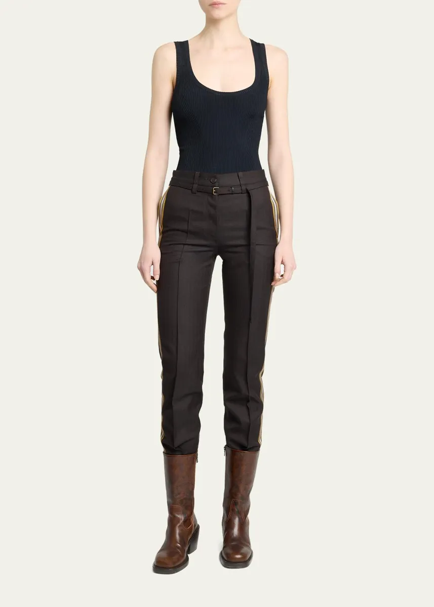 Dries Van Noten Side-Stripe Herringbone Wool Straight-Leg Pants With Belt | Thumbnail 2
