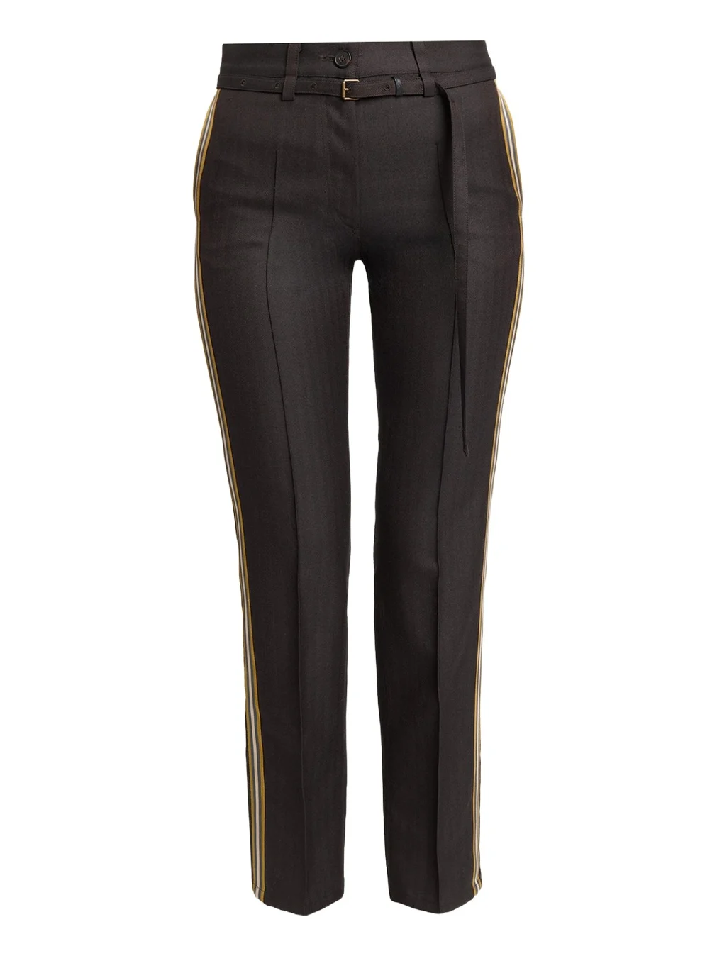 Dries Van Noten Side-Stripe Herringbone Wool Straight-Leg Pants With Belt