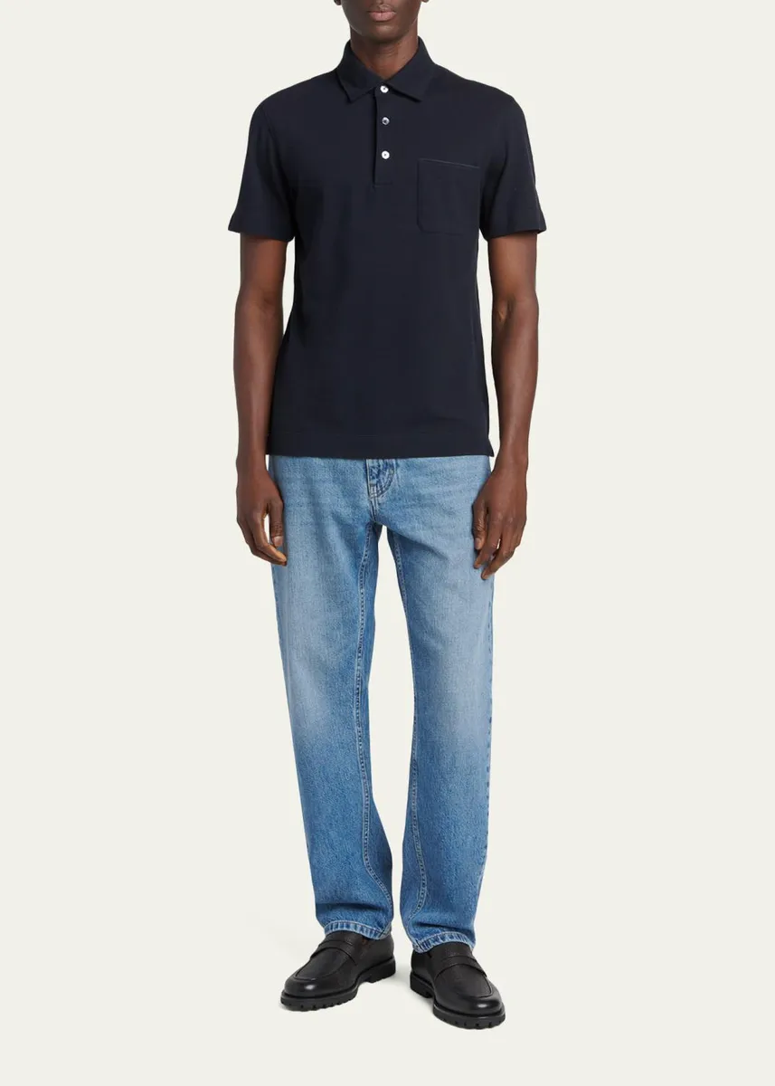 Zegna Men's Pique Polo Shirt with Leather-Trim Pocket | Thumbnail 2 Zegna Men's Pique Polo Shirt with Leather-Trim Pocket | Thumbnail 2