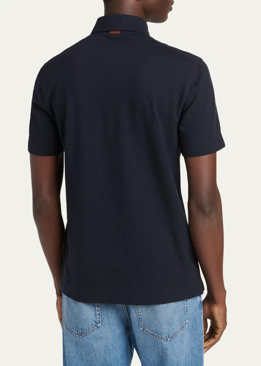 Zegna Men's Pique Polo Shirt with Leather-Trim Pocket | Thumbnail 3 Zegna Men's Pique Polo Shirt with Leather-Trim Pocket | Thumbnail 3