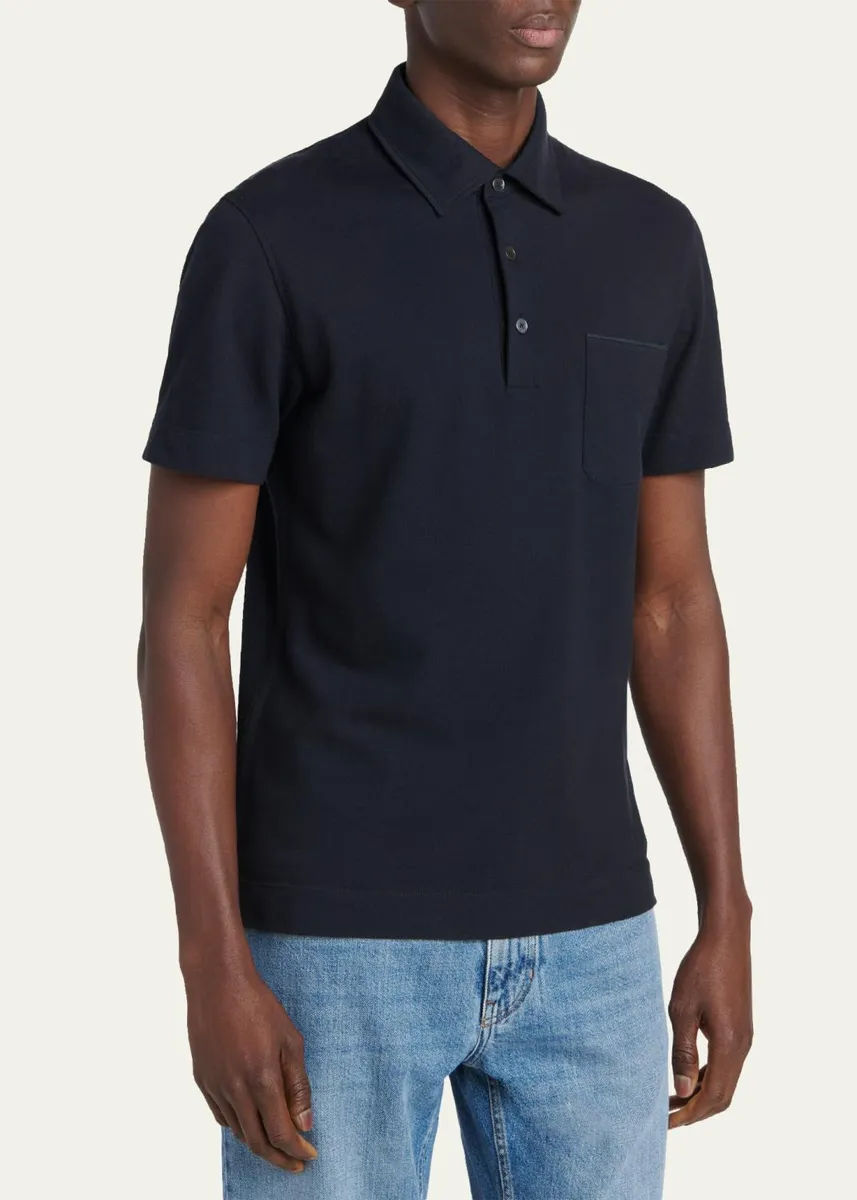 Zegna Men's Pique Polo Shirt with Leather-Trim Pocket | Thumbnail 4 Zegna Men's Pique Polo Shirt with Leather-Trim Pocket | Thumbnail 4