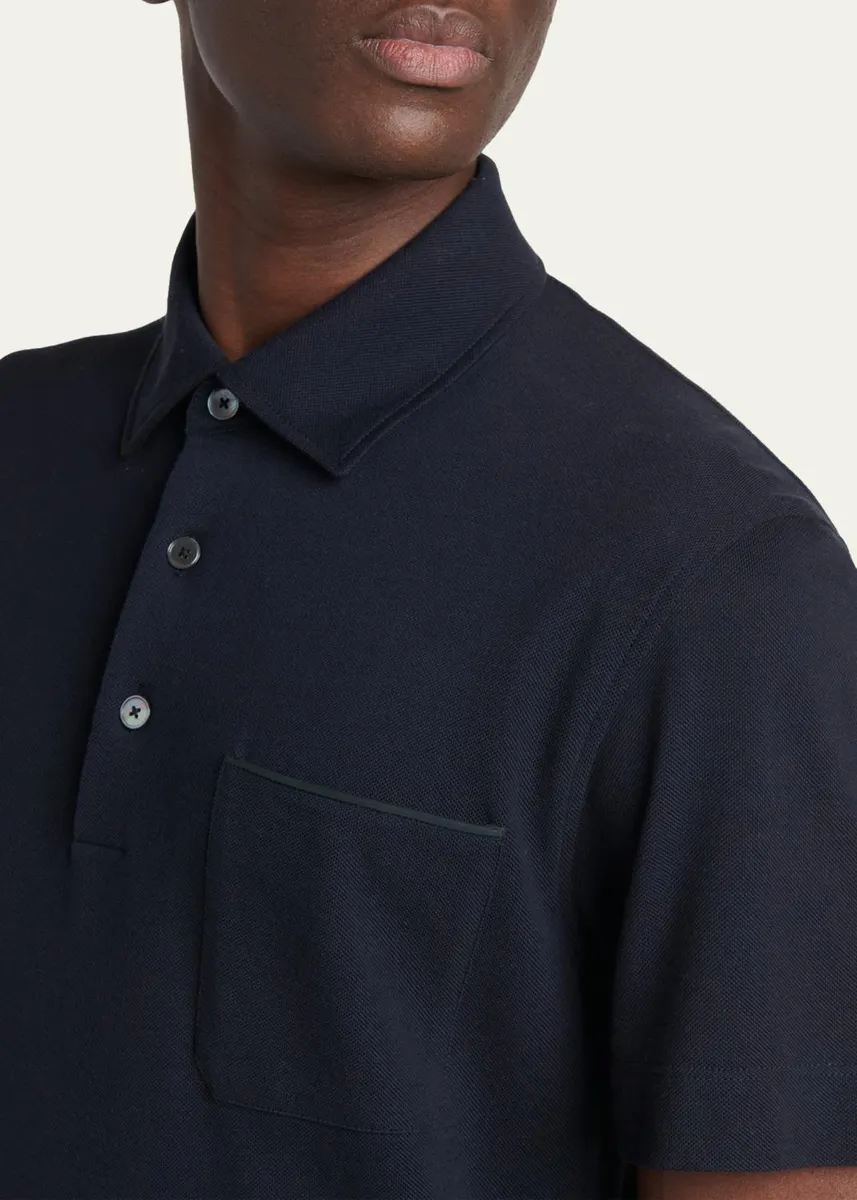 Zegna Men's Pique Polo Shirt with Leather-Trim Pocket | Thumbnail 5 Zegna Men's Pique Polo Shirt with Leather-Trim Pocket | Thumbnail 5