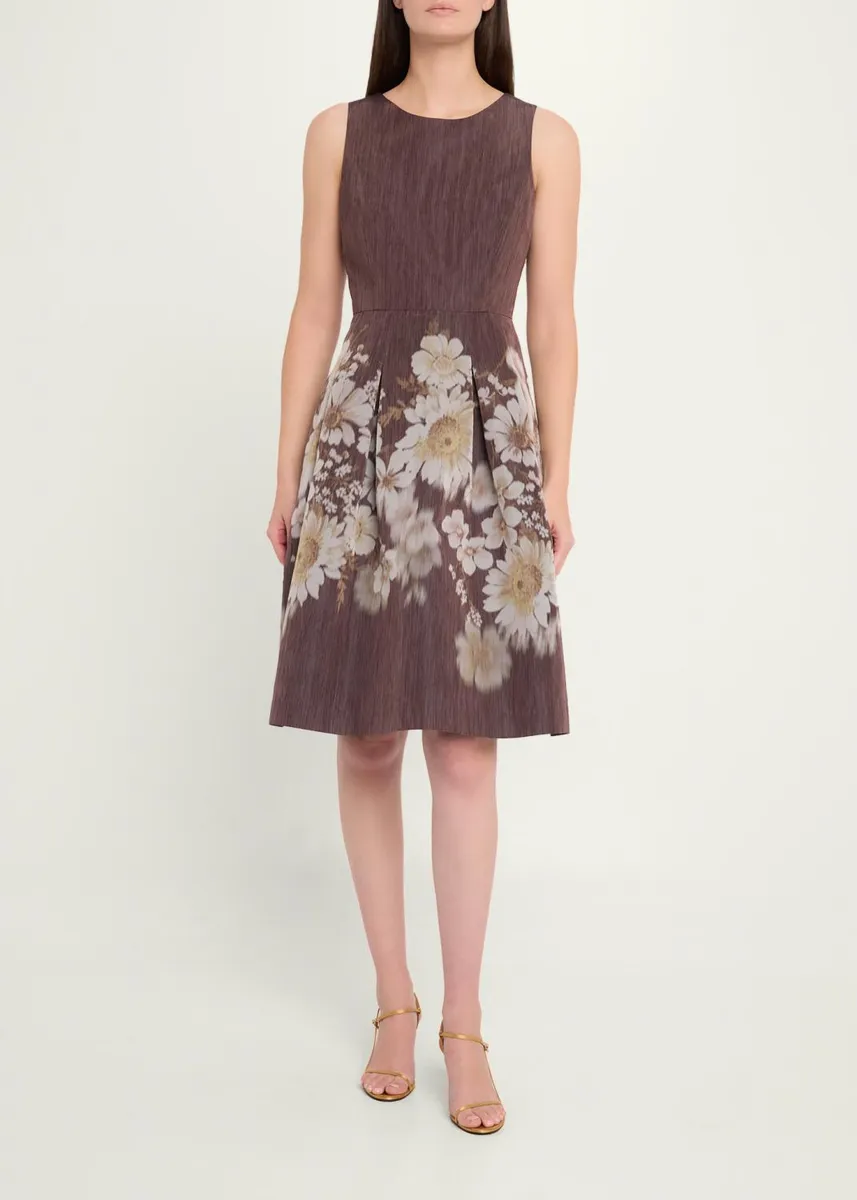 Rickie Freeman for Teri Jon Pleated Floral-Print Mikado Dress | Thumbnail 4