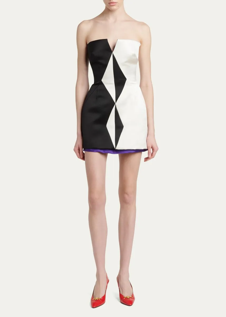 Versace Strapless Diamond Paneled Satin Mini Cocktail Dress | Thumbnail 2