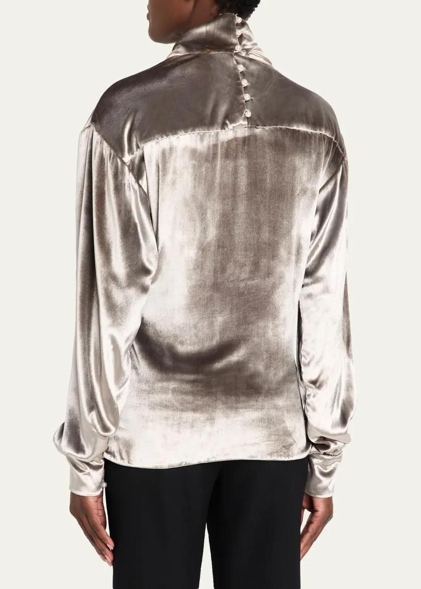 PRABAL GURUNG Draped Wrap-Neck Velvet Long-Sleeve Blouse | Thumbnail 3
