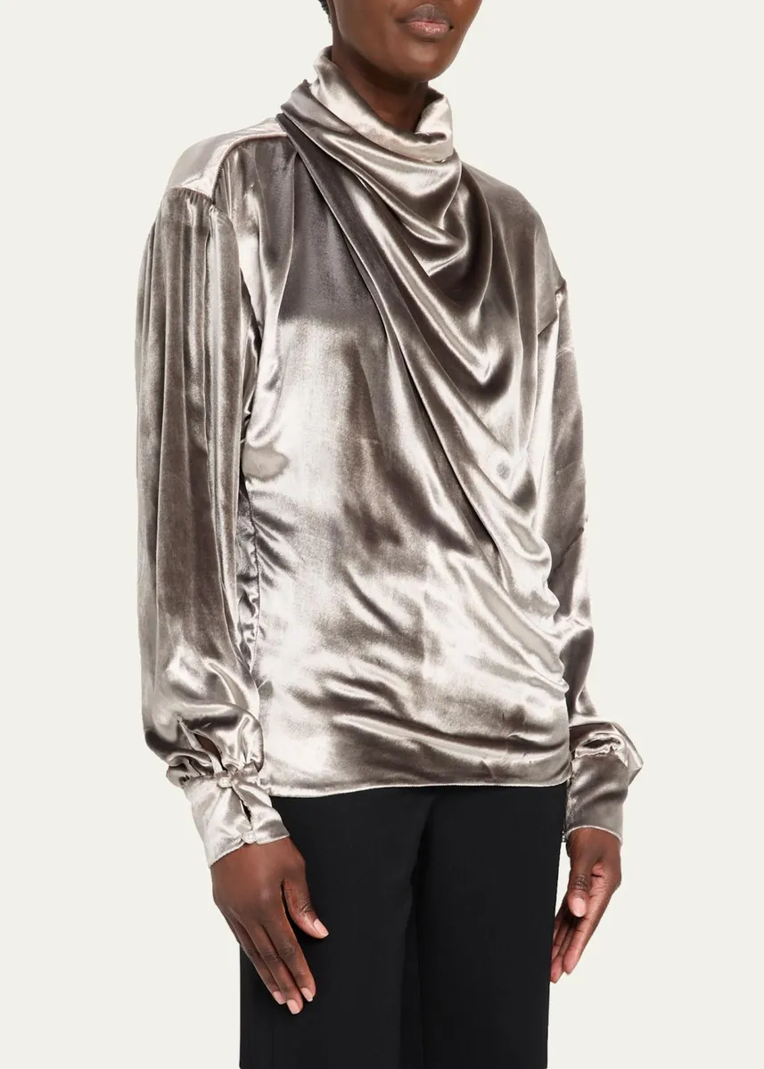 PRABAL GURUNG Draped Wrap-Neck Velvet Long-Sleeve Blouse | Thumbnail 4