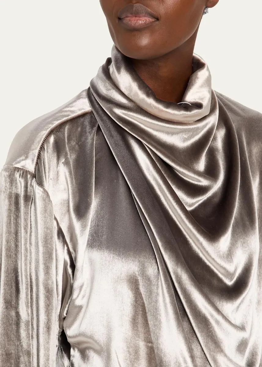 PRABAL GURUNG Draped Wrap-Neck Velvet Long-Sleeve Blouse | Thumbnail 5