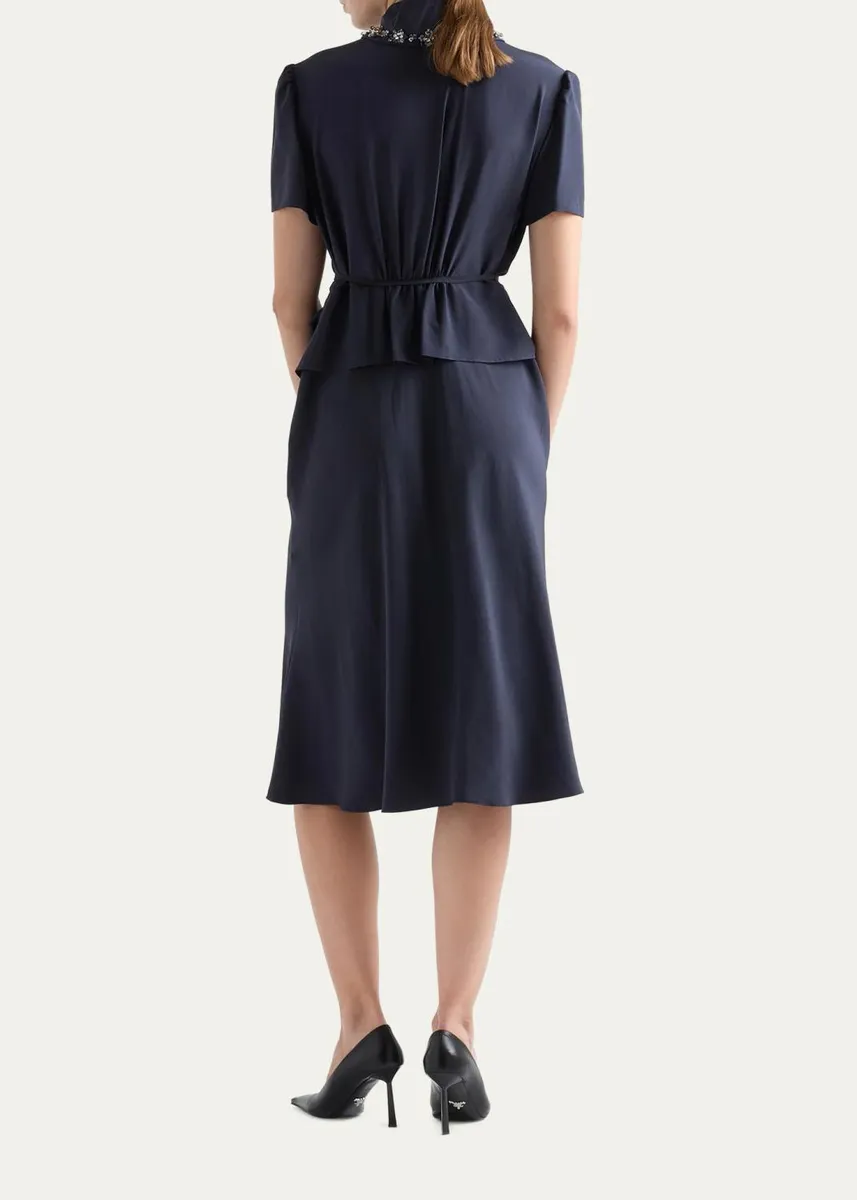 Prada Embellished Scarf-Neck Short-Sleeve Peplum Midi Dress | Thumbnail 3