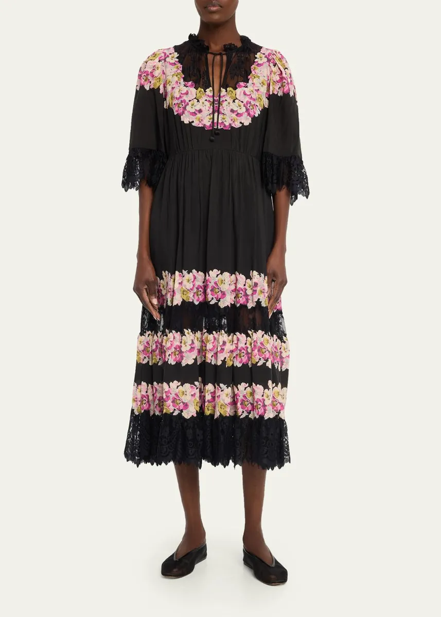 Sea 3/4-Sleeve Persephone Print Cotton Lace-Trim Midi Dress | Thumbnail 2 Sea 3/4-Sleeve Persephone Print Cotton Lace-Trim Midi Dress | Thumbnail 2