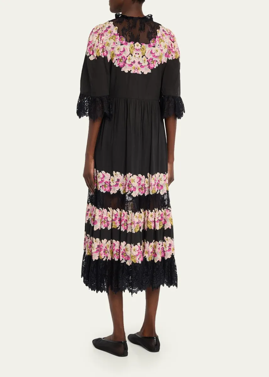 Sea 3/4-Sleeve Persephone Print Cotton Lace-Trim Midi Dress | Thumbnail 3 Sea 3/4-Sleeve Persephone Print Cotton Lace-Trim Midi Dress | Thumbnail 3