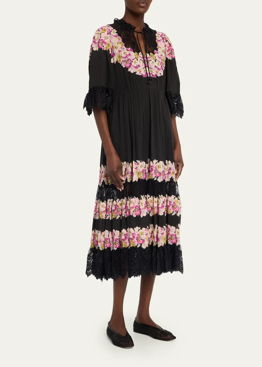 Sea 3/4-Sleeve Persephone Print Cotton Lace-Trim Midi Dress | Thumbnail 4 Sea 3/4-Sleeve Persephone Print Cotton Lace-Trim Midi Dress | Thumbnail 4